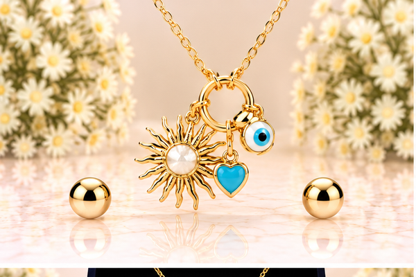 Gold Sun with Eye Necklace/Earring Set – 18K Gold Plated
