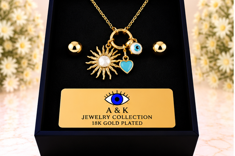 Gold Sun with Eye Necklace/Earring Set