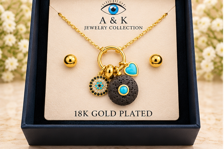 Turquoise Heart and Black Necklace & Earring Set