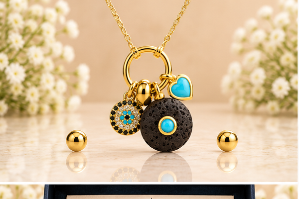 Turquoise Heart and Black Necklace & Earring Set – 18K Gold Plated