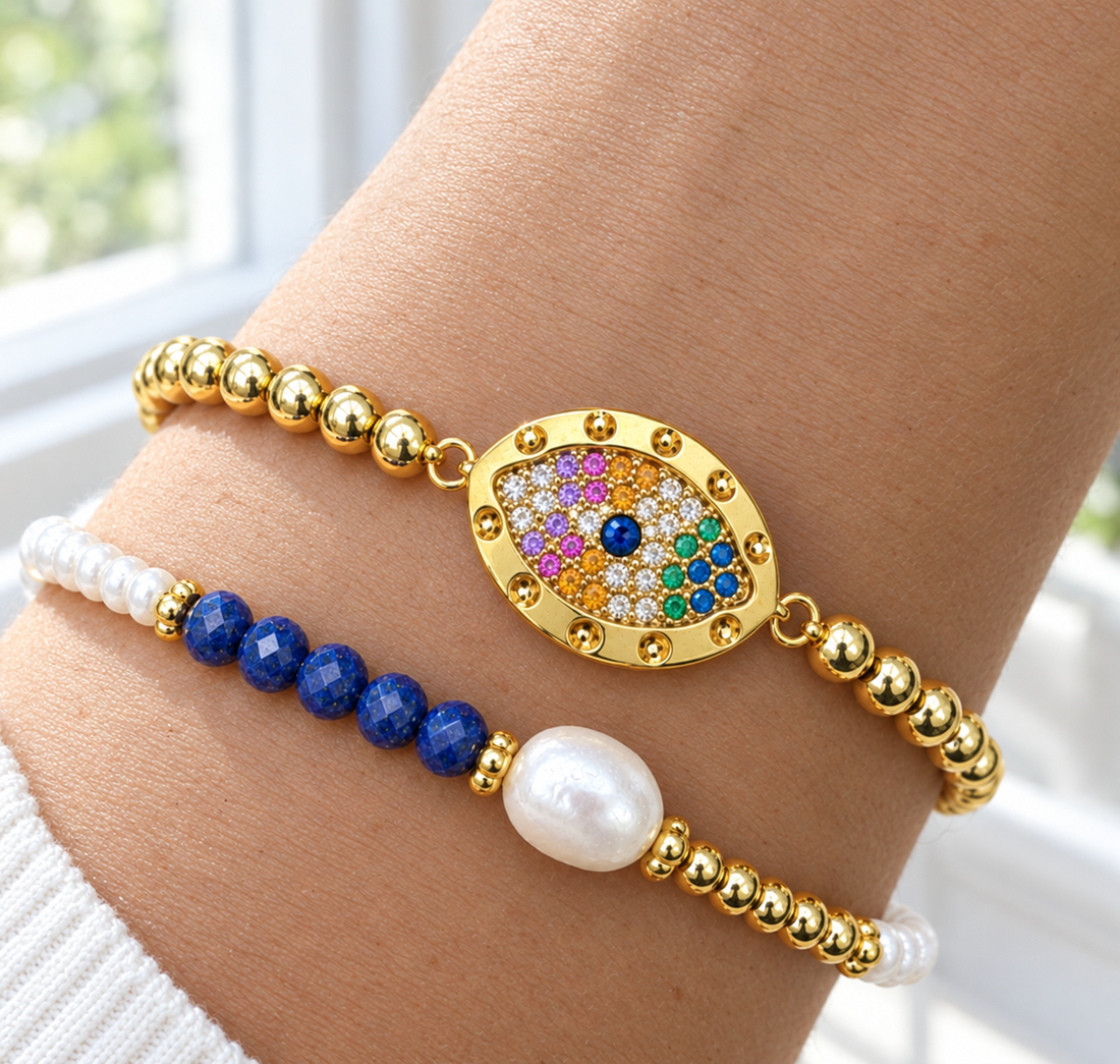 Blue Center Multicolor Oval Eye Bracelet Set