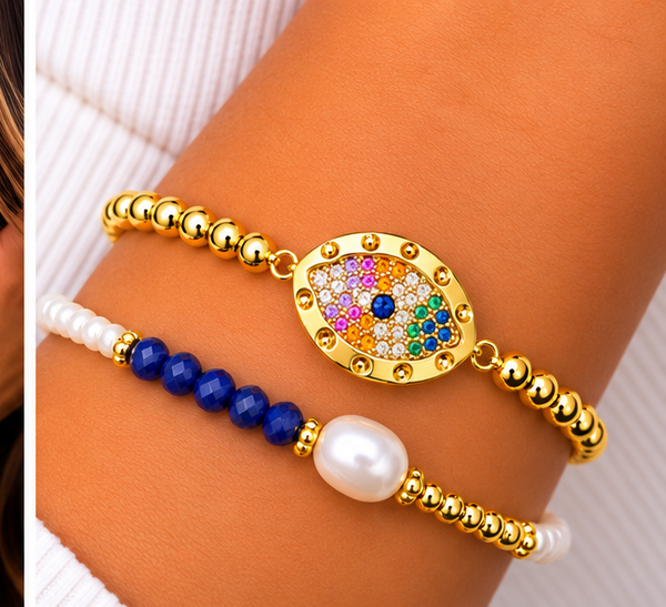 Multicolor Oval Eye Bracelet Set (Style B026) – 18K Gold Plated