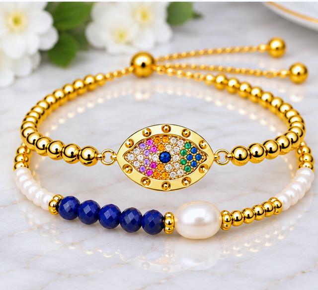 Blue Center Multicolor Oval Eye Bracelet Set