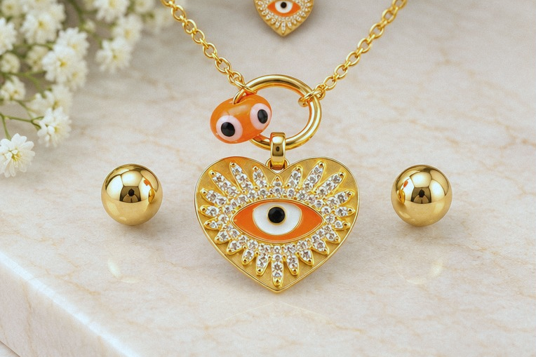 Red Eye and Heart Necklace & Earring Set