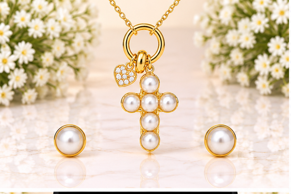 Pearl Cross and Heart Necklace Set – 18K Gold Plated
