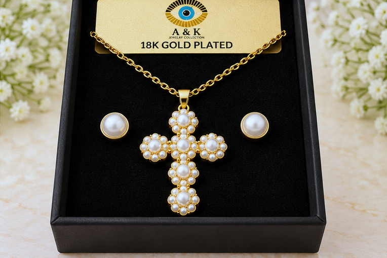 Classic Pearl Cross Necklace & Earring Set