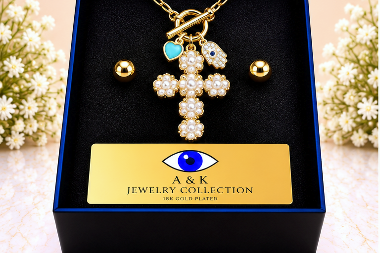 Pearl Cross Necklace & Earring Set