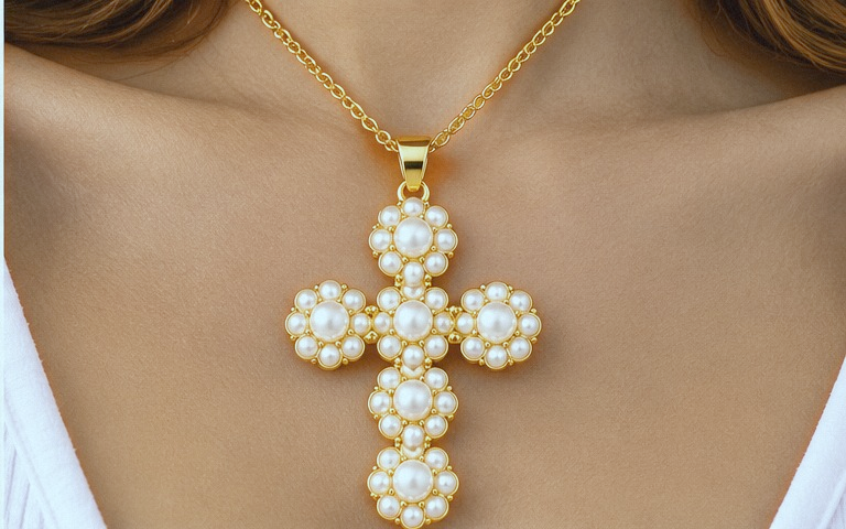 Classic Pearl Cross Necklace & Earring Set
