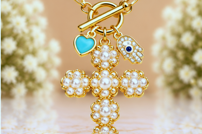Pearl Cross Necklace & Earring Set