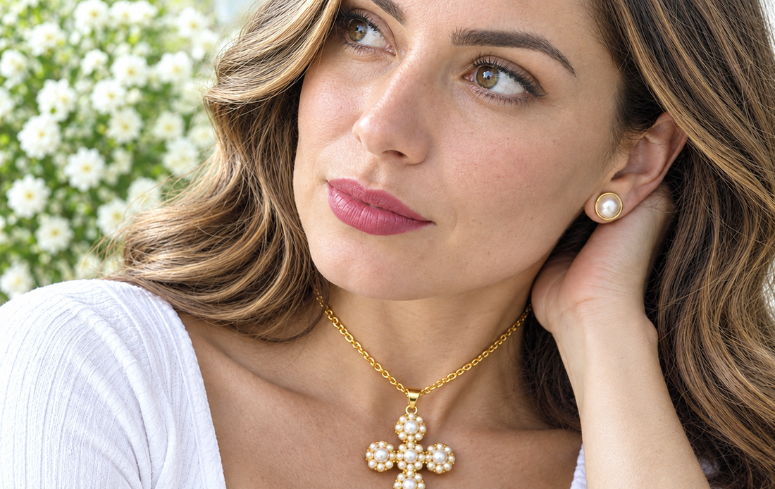 Classic Pearl Cross Necklace & Earring Set