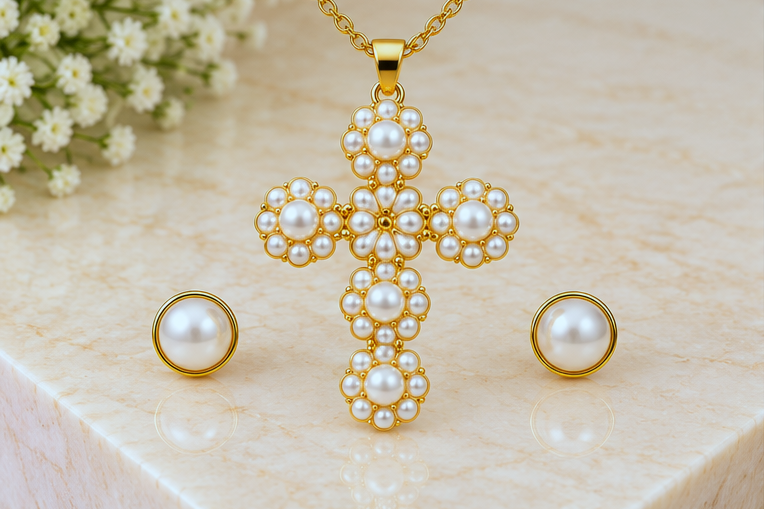 Classic Pearl Cross Necklace & Earring Set