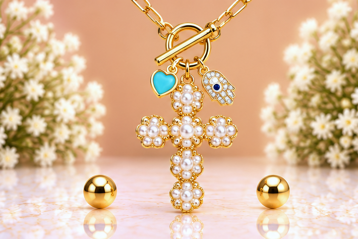Pearl Cross Necklace & Earring Set