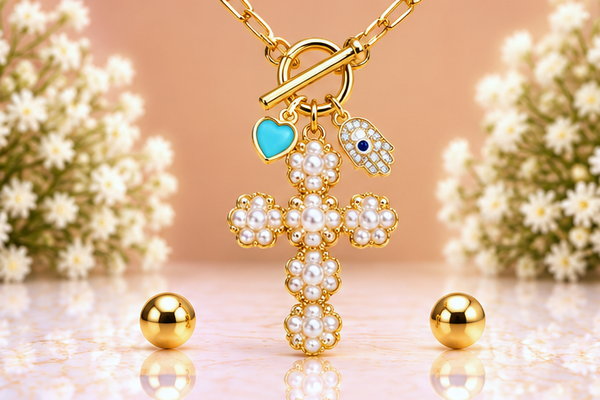 Pearl Cross Necklace & Earring Set – 18K Gold Plated