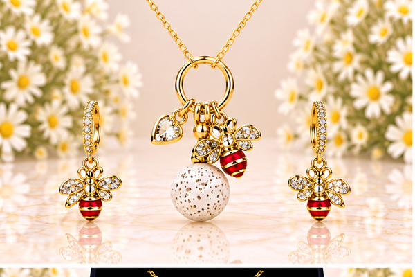 Bee Red Necklace/Earring Set – 18K Gold Plated