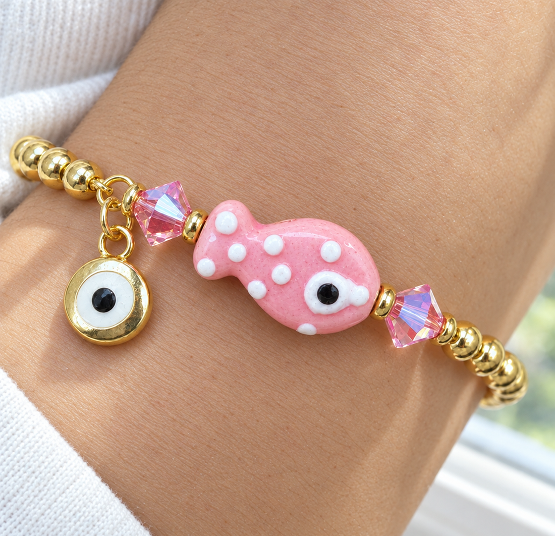 Pink Ceramic Fish Charm Bracelet