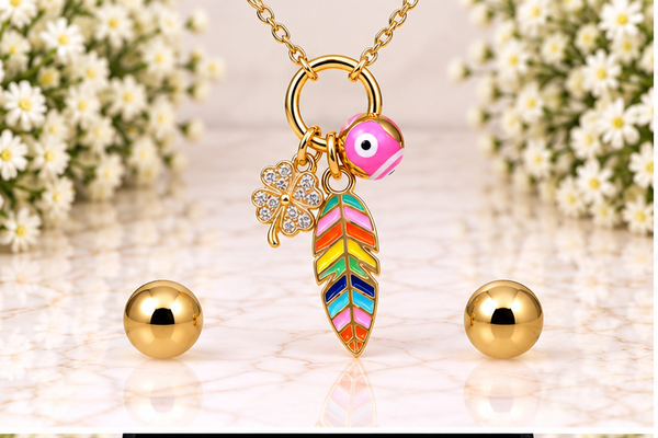 Leaf and Clover Necklace Set – 18K Gold Plated Pink Bottom