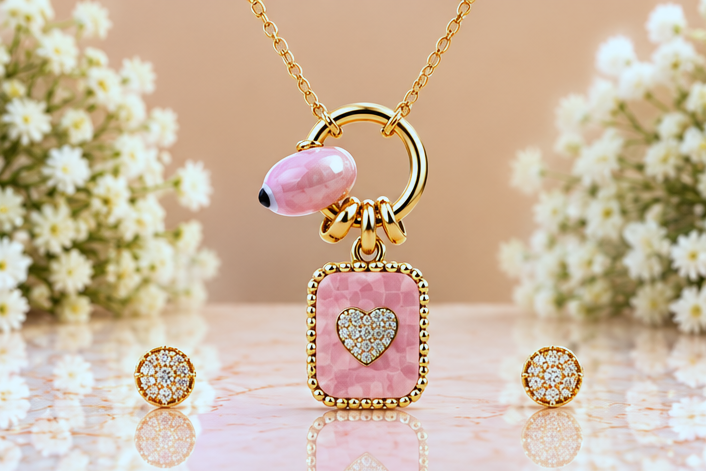 Pink Heart Necklace & Earring Set