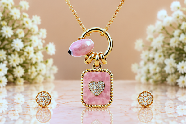 Pink Heart Necklace & Earring Set – 18K Gold Plated