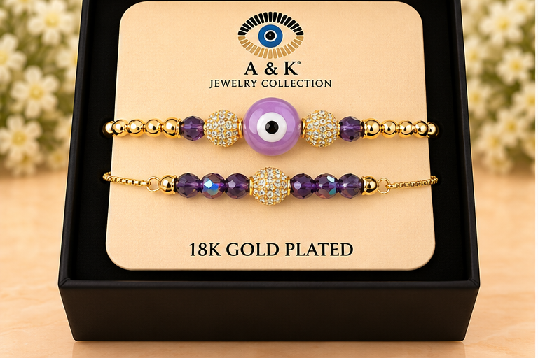Purple Ceramic Evil Eye Circle Cubic Zirconia Bracelet