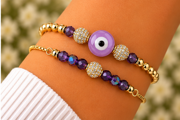 Purple Ceramic Evil Eye Circle Cubic Zirconia Bracelet – 18K Gold Plated