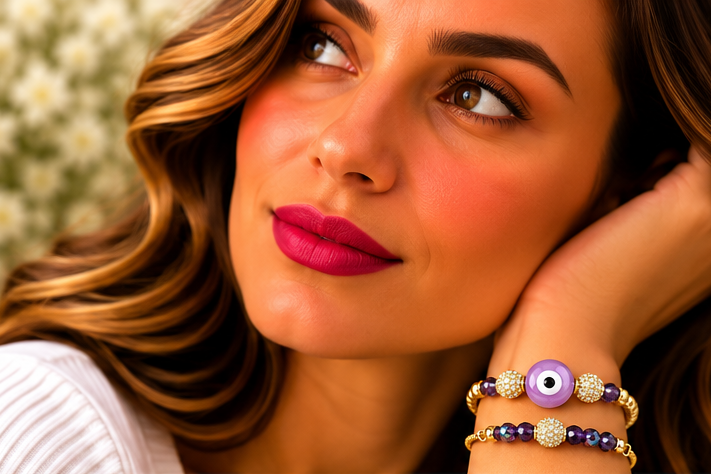 Purple Ceramic Evil Eye Circle Cubic Zirconia Bracelet
