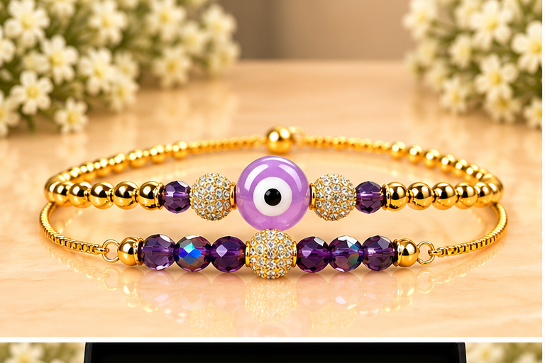 Purple Ceramic Evil Eye Circle Cubic Zirconia Bracelet