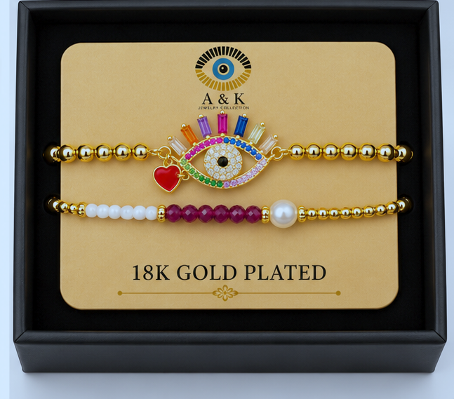 Rainbow Evil Eye and Heart Cubic Zirconia Bracelet Set