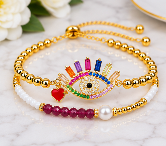 Rainbow Evil Eye and Heart Cubic Zirconia Bracelet Set