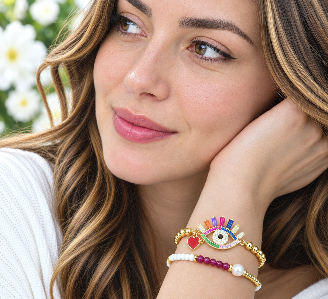 Rainbow Evil Eye and Heart Cubic Zirconia Bracelet Set