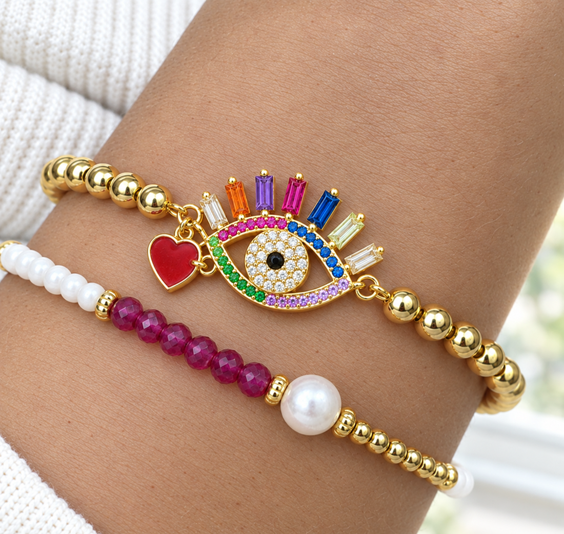 Rainbow Evil Eye and Heart Cubic Zirconia Bracelet Set