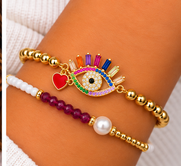 Rainbow Evil Eye and Heart Bracelet Set – 18K Gold Plated