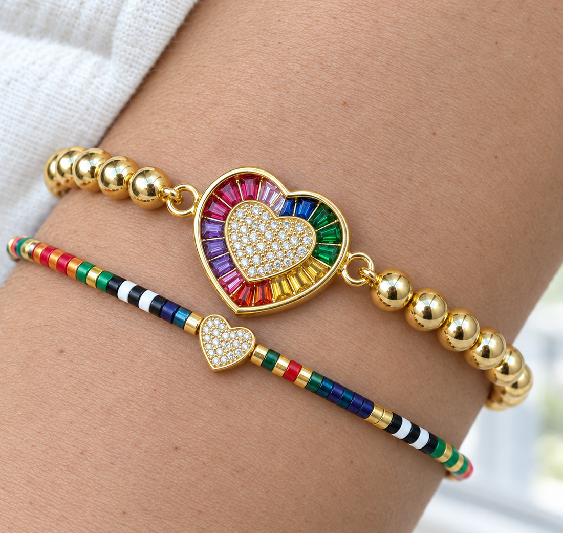 Rainbow Heart Cubic Ziconic Bracelet Set