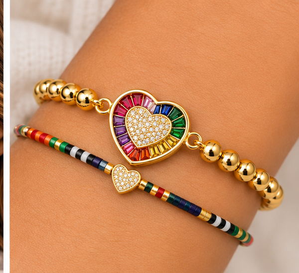 Rainbow Bead Heart Bracelet Set – 18K Gold Plated