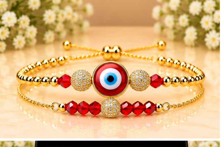 Red Lampwork Evil Eye Cubic Zirconia Bracelet
