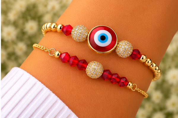 Red Lampwork Evil Eye Cubic Zirconia Bracelet – 18K Gold Plated
