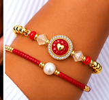 Circle, Shell and Heart Bracelet Set – 18K Gold Plated Red
