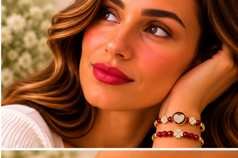 Red Heart Circle Cubic Zirconia Bracelet with Clovers