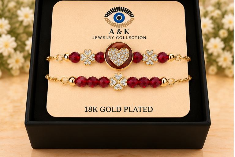 Red Heart Circle Cubic Zirconia Bracelet with Clovers