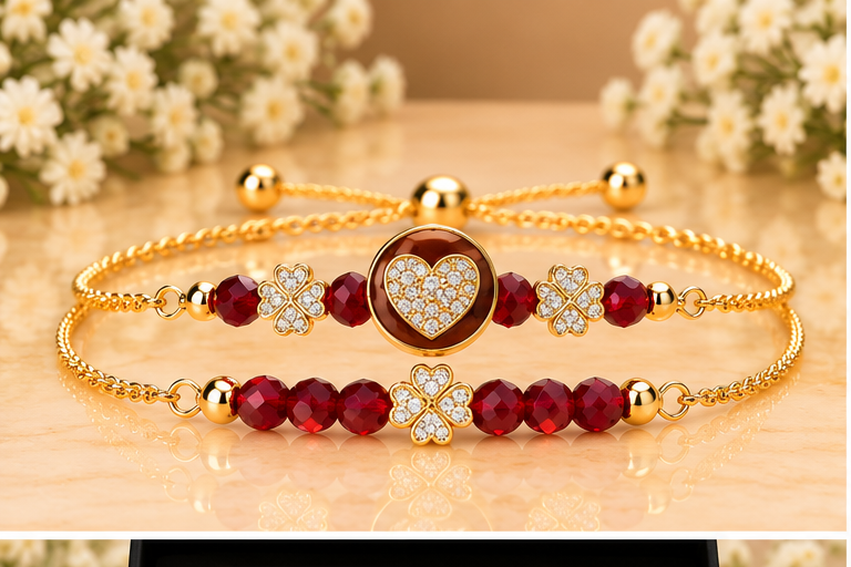 Red Heart Circle Cubic Zirconia Bracelet with Clovers
