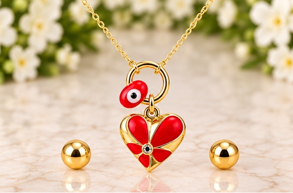 Red Flower with Eye Necklace & Earring Set – 18K Gold Plated