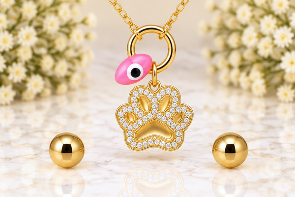 Paw Charm Necklace & Earring Set – 18K Gold Plated Pink