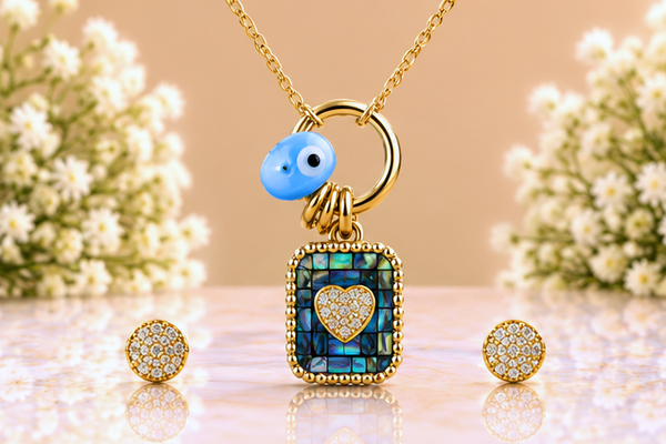 Blue Mosaic Necklace & Earring Set – 18K Gold Plated