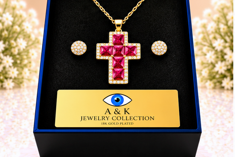 Ruby Cross Necklace & Earring Set