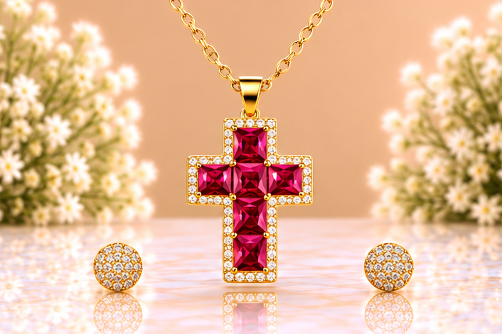 Ruby Cross Necklace & Earring Set