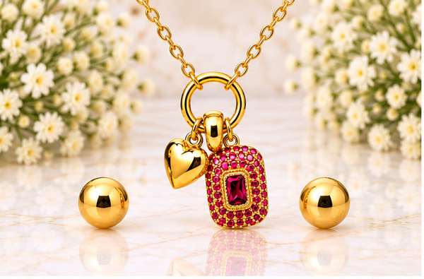Rectangular Zircon Necklace Set – 18K Gold Plated Red