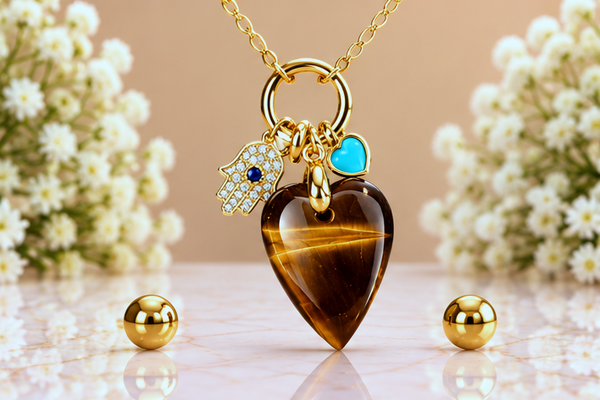 Tiger Eye with Heart Necklace & Earring Set – 18K Gold Plated