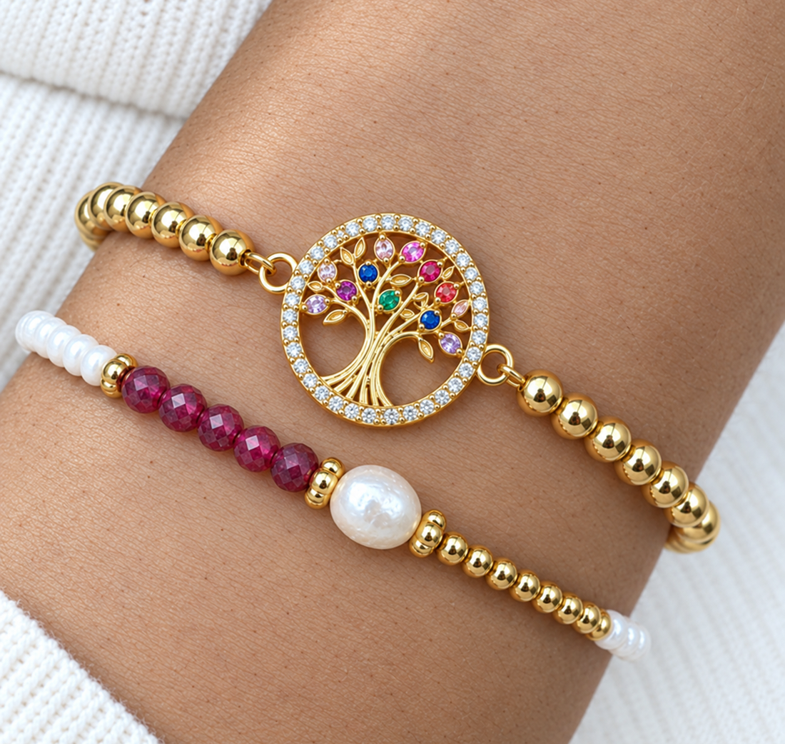 Multicolored Tree of Life Cubic Zirconia Bracelet Set