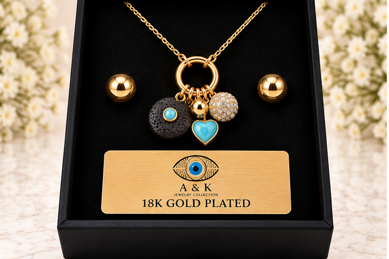 Turquoise Heart & Black Necklace/Earring Set