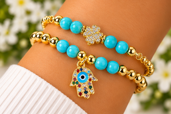 Turquoise Hamsa with Eye Cubic Zirconia Bracelet – 18K Gold Plated