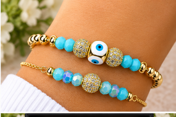 Mini Evil Eye Bracelet Set with Zirconia Balls – 18K Gold Plated Turquoise